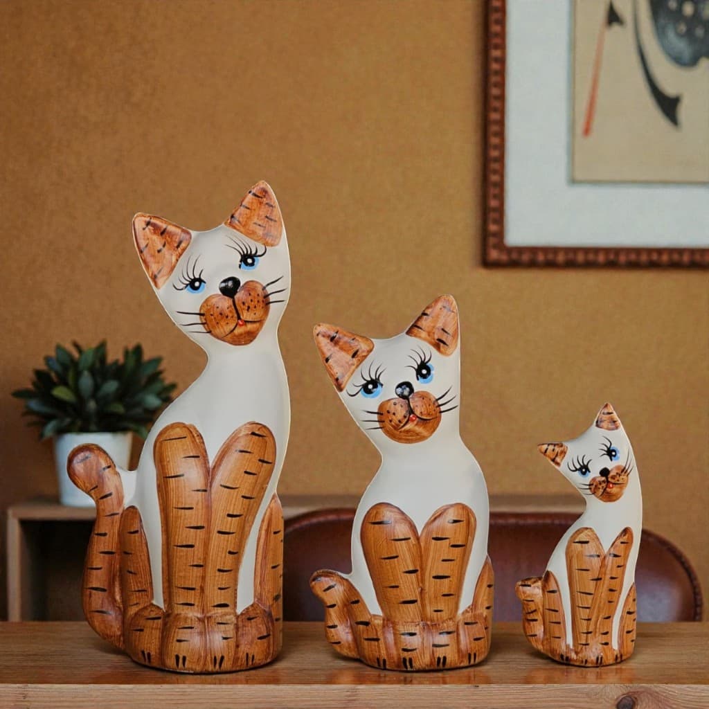 Trio de Gatos Decorativos Cerâmica Decoração Casa Sala Rack Rústico