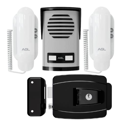 Kit Interfone Porteiro Eletrônico Coletivo De 2 Pontos com 2 Fones e Fechadura Preta