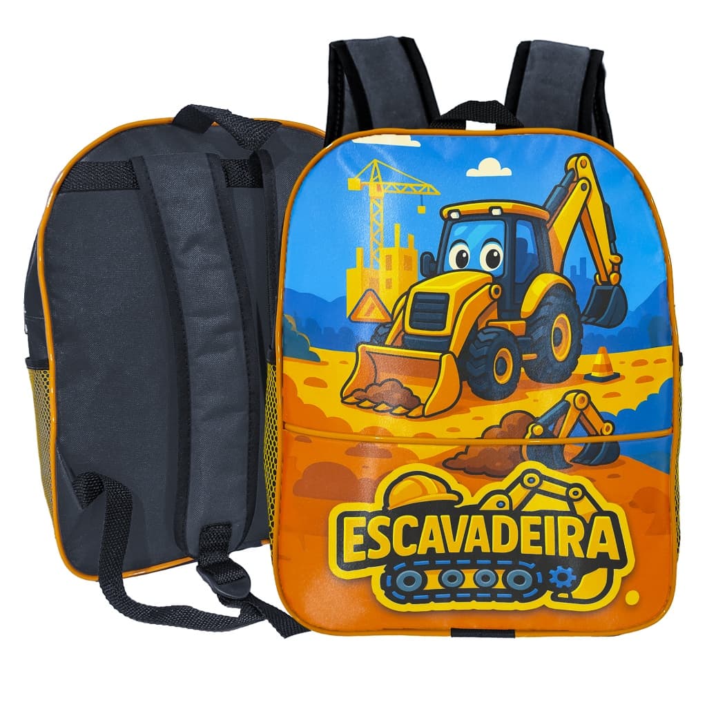 Mochila Escolar Infantil Costa Pequena Menino Resistente Obra  Escavadeira Dinossauro Alça Ajustável