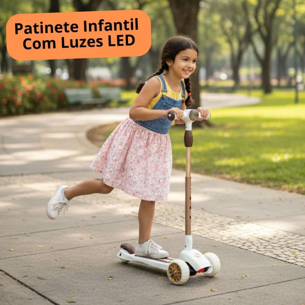 Patinete Infantil 3 Rodas Luzes LED Guidão Ajustável Triciclo Brinquedo Criança Menino Menina