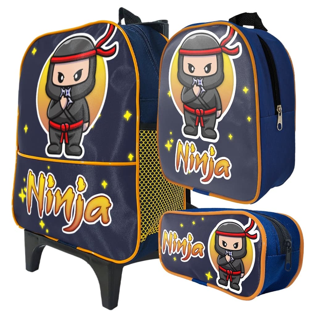 Kit Mochila Escolar Infantil de Rodinha Tema Ninja, Estojo Simples 1 Ziper e Lancheira Térmica