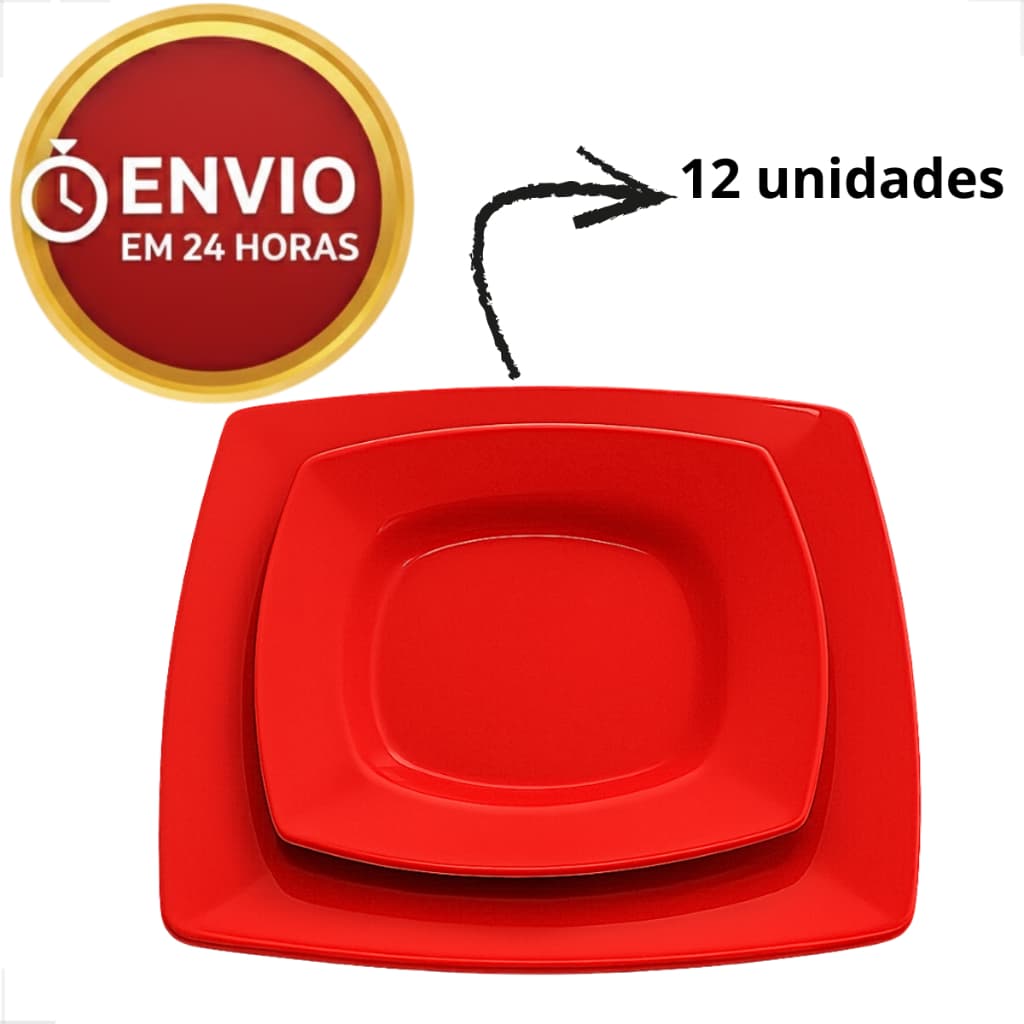 Kit 12 Pratos Quadrados - 6 Pratos para Refeição + 6 Pratos para Sobremesa