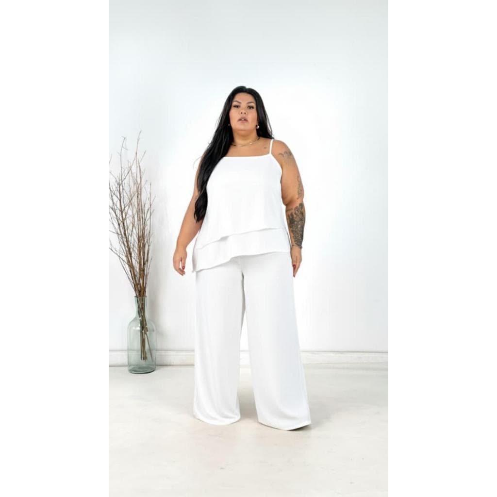 Conjunto Calça Pantalona Blusa Assimétrica Alcinha Plus Size CREPE DUNA Curve Premier G2