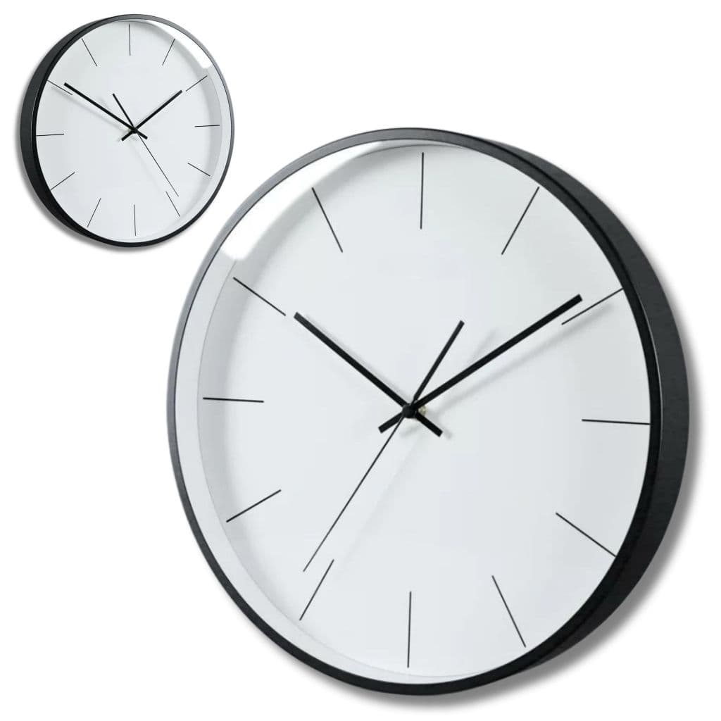Relógio de Parede 30cm Minimalista Silencioso Aro Preto Fundo Branco Vidro Moderno Sala Quarto Cozinha Escritório