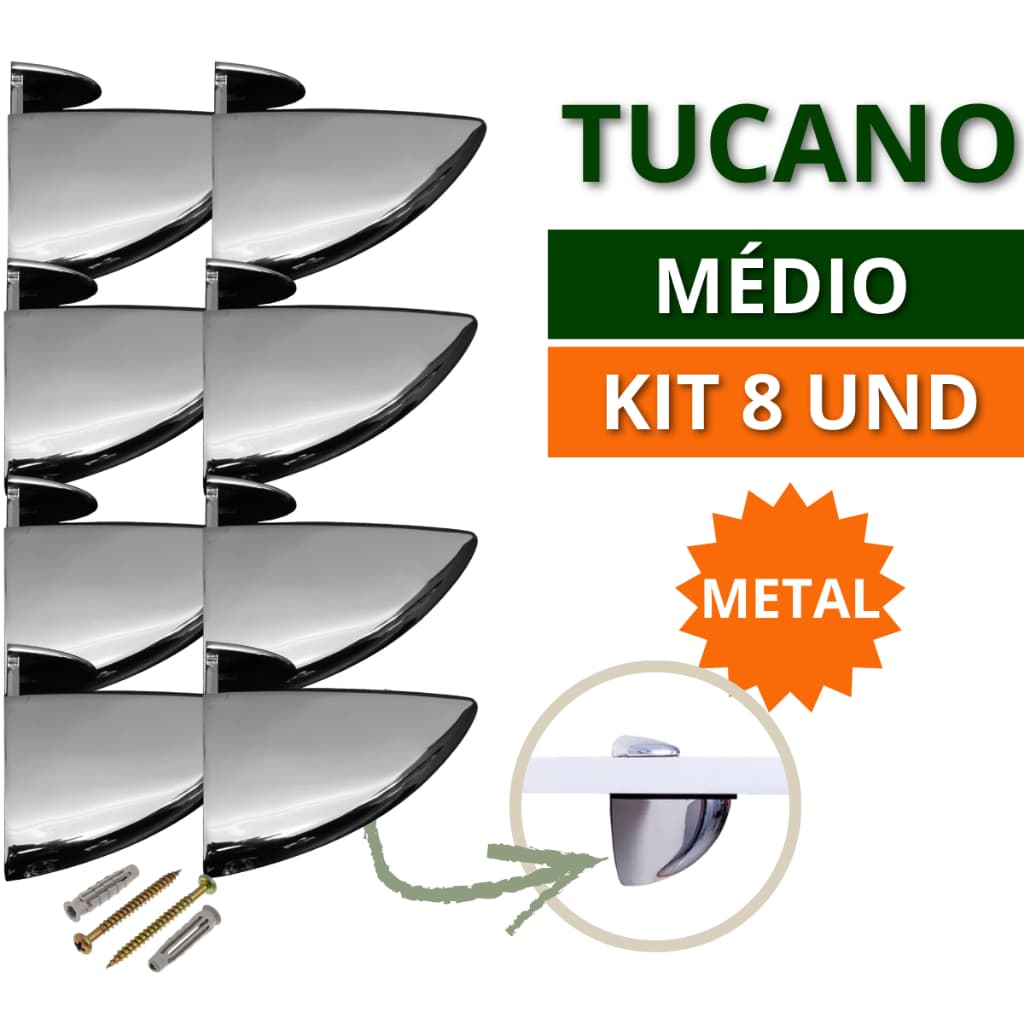 Kit 06 e 08 Suporte de Prateleira Organizadora Horizontal Tucano Médio Metal Zamac Para Vidro Madeira