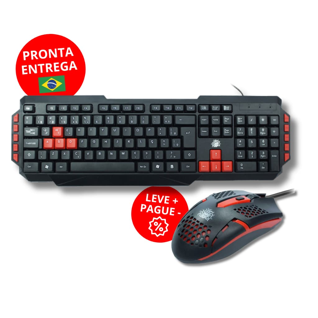 Teclado + Mouse Gamer ABNT2 Multimídia Lateral USB Teclas Destacadas Kit