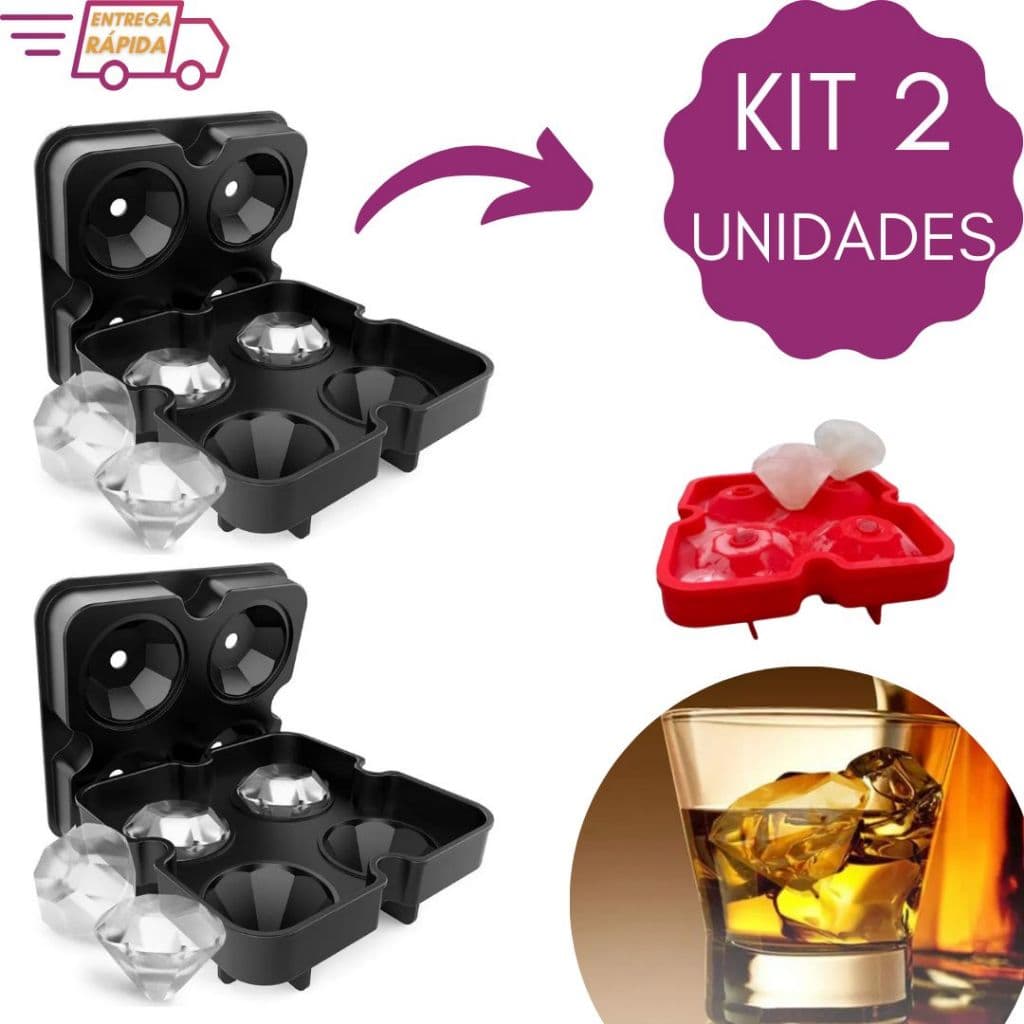 Kit 2 Formas Silicone Gelo Formato Diamante Bar Whisky Bebida Drinks Negroni
