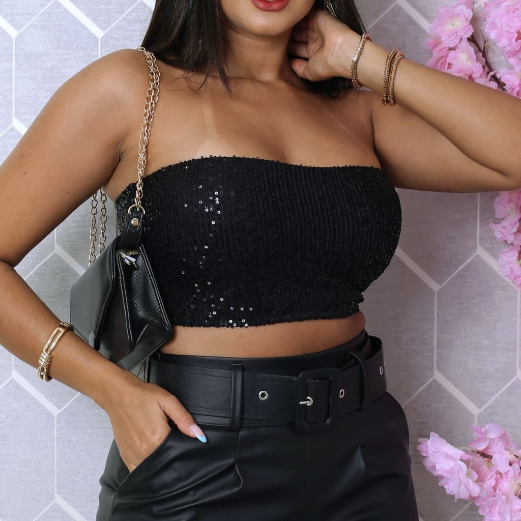 Cropped Com Zíper em Paetê Feminino Brilho Festa Balada Moda Blogueira