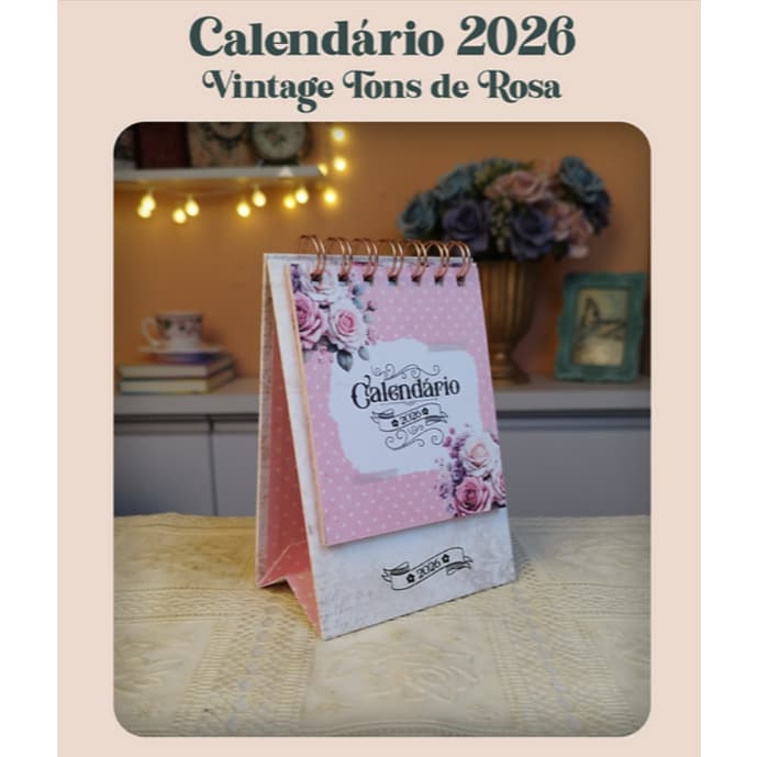 Mini Calendário de Mesa Vintage 2026 | Tons Rosa e Verde Água | Linha Premium | Base Rígida + Wire-O