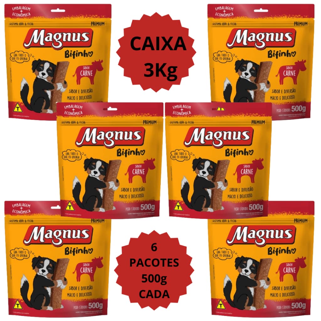 3kg - Petisco Magnus Bifinhos Cães Sabor Carne - 3kg - Caixa 6 Pacotes 500g