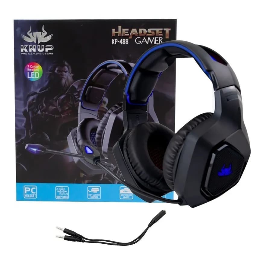 Fone de ouvido Headset over-ear gamer Knup KP-488 preto e azul com luz LED