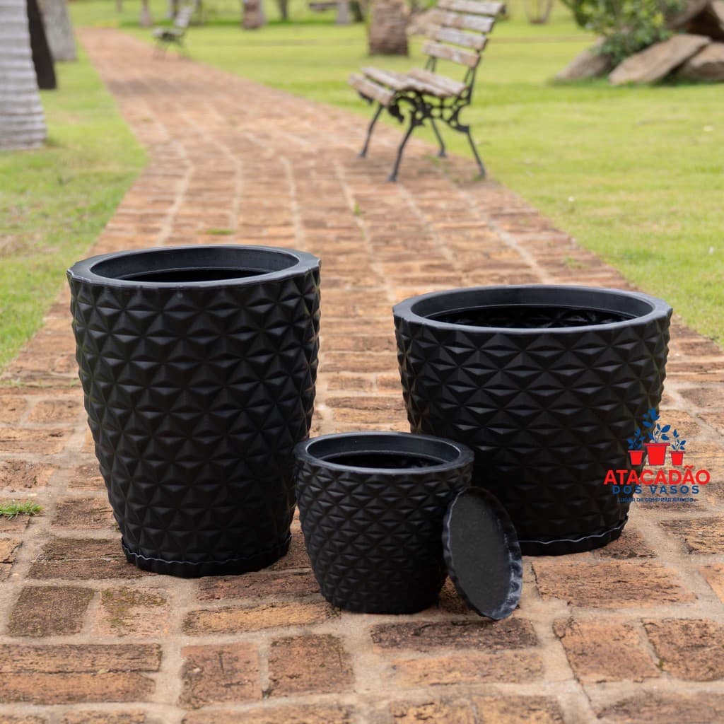 Kit 3 Vasos Diamante com Prato | Vasos Decorativos para Plantas Jardim/Terraço em Polietileno Reforçado