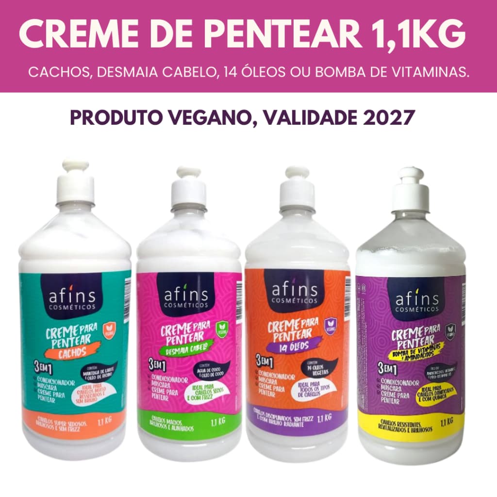 Creme De Pentear 1,1kg Afins Cosméticos 3 Em 1 Cachos, Desmaia, 14 Óleos Ou Bomba Vitaminas