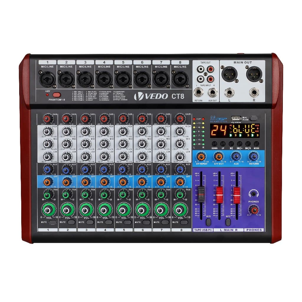 VEDO Mesa De Som 8 Canais Bluetooth Consolas Com Placas Digitais Gravacäo USB Flash Drive/OTG 24DSP Phantom De 48V