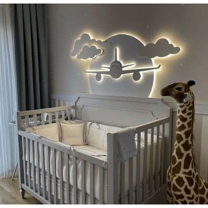 Kit Painel Luminaria Led 5 Pecas Aviao Nuvem MDF 15mm Branco Quente 70cm Diametro