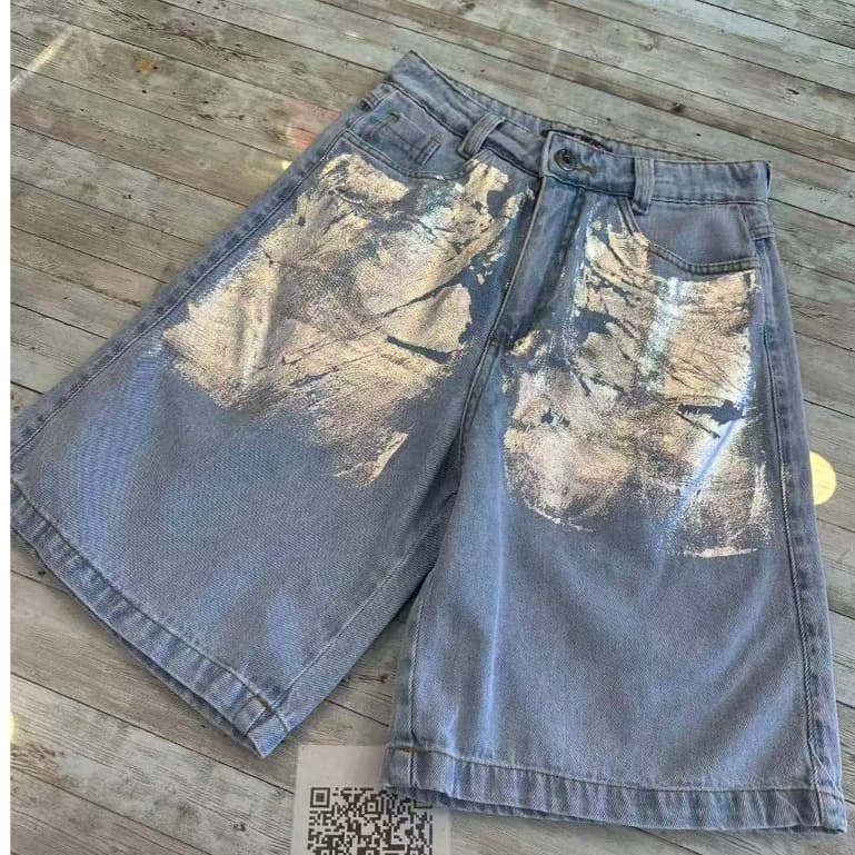 Short Jeans metalizada Bermuda sem lycra ate joelho simples casual  cintura alto Moda Street Tecido Algodão Premium