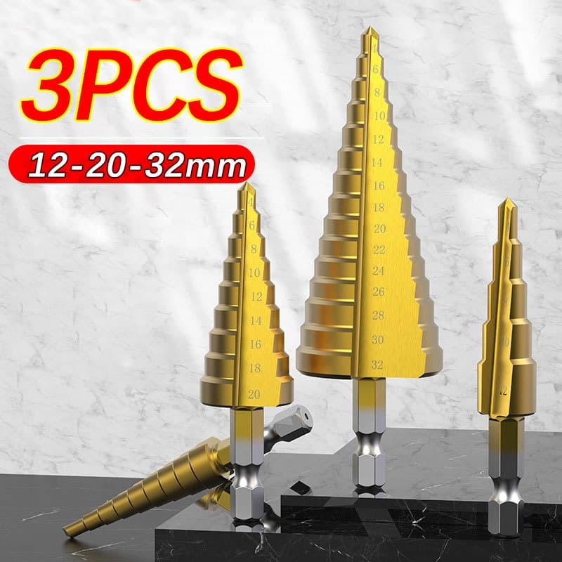 3 Brocas Escalonadas Titânio Sextavadas Tamanhos 4-12/20/32mm, Bits Cônicos Métricos De Aço Alta Durabilidade