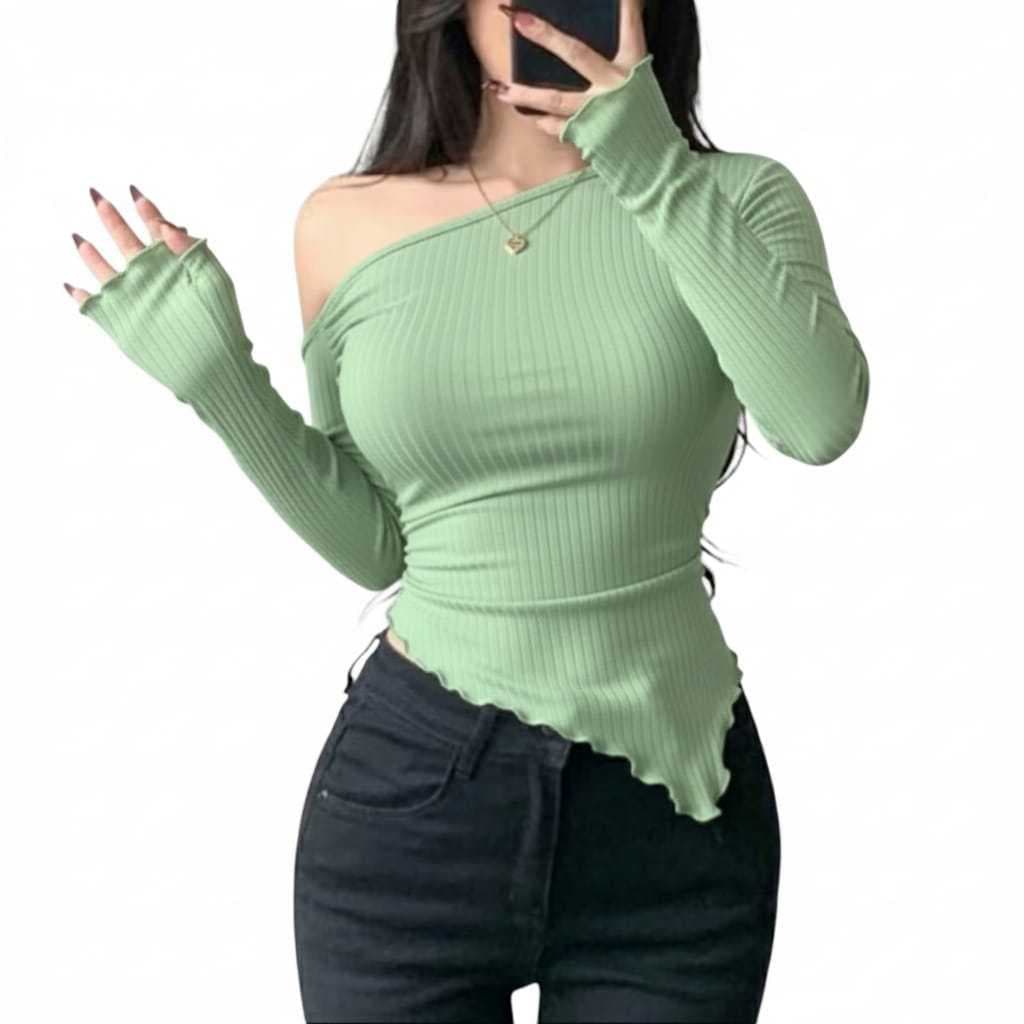 Blusa Assimétrico canelado Feminina  Manga Longa De Barra Lenço Com Ombro Só Moda casual e Elegante