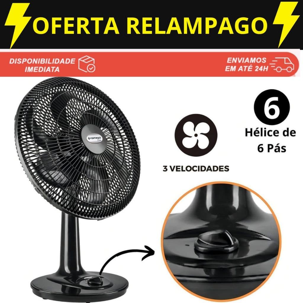 Ventilador de Mesa 40 cm Preto Premium Super Turbo Oscilante 6 pás Angulo Ajustável - Envio Imediato