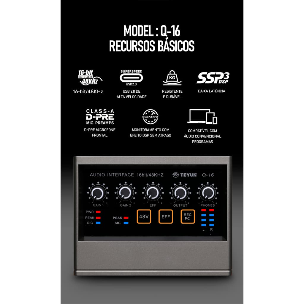 TEYUN Q-16 Interface De Audio Profissional Placa De Som 16 bits/48 kHz Muti Canals Com USB 2.0 Para Estúdio Gravação
