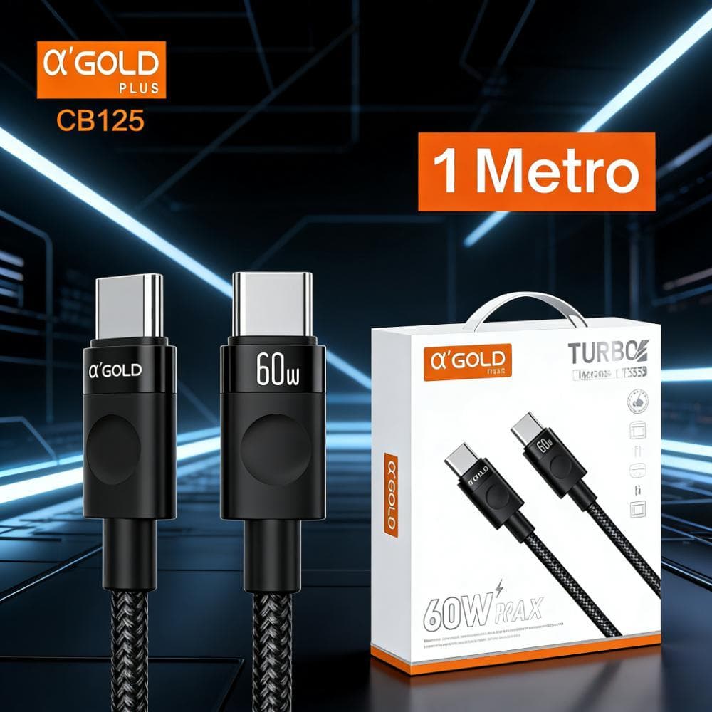 Cabo USB-C A’Gold 60W com Proteção em Nylon e Comprimento de 1 Metro, CB125