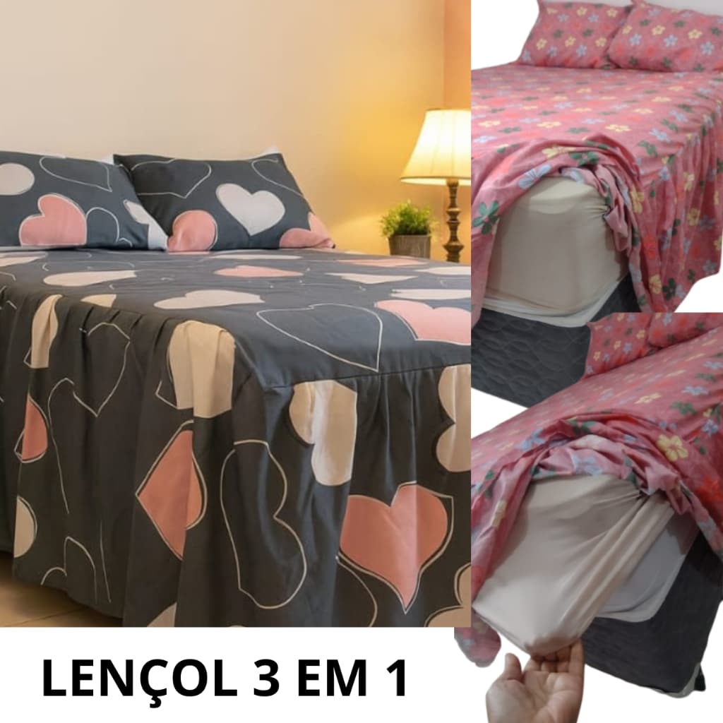 conjunto  len莽ol cama box casal  kit  len莽ol 3 em 1 com babado tecido  de algod茫o com poli茅ster  com el谩stico.