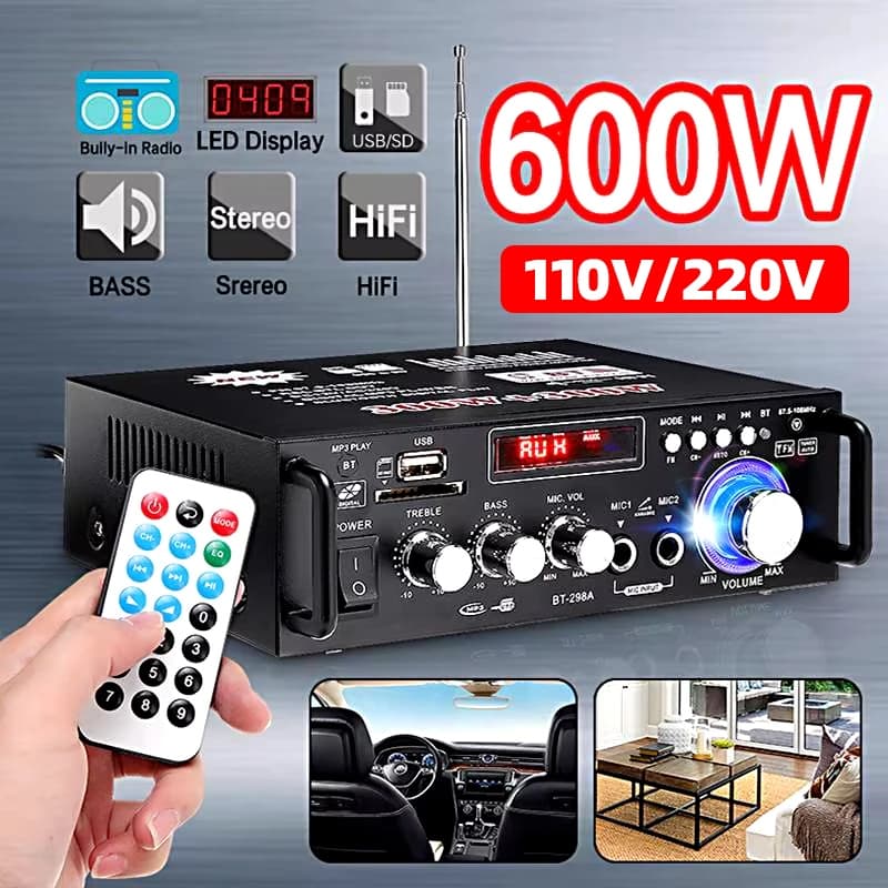 Mini Amplificador de Áudio 600W HIFI Bluetooth FM Radio – Perfeito para Sua Casa ou Carro 110V/220V