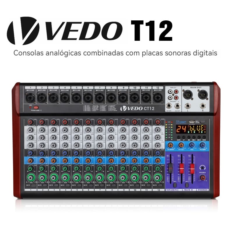 VEDO Mesa De Som 12 Canais Bluetooth Consolas Com Placas Digitais Phantom De 48V Gravacäo USB Flash Drive/OTG 24DSP