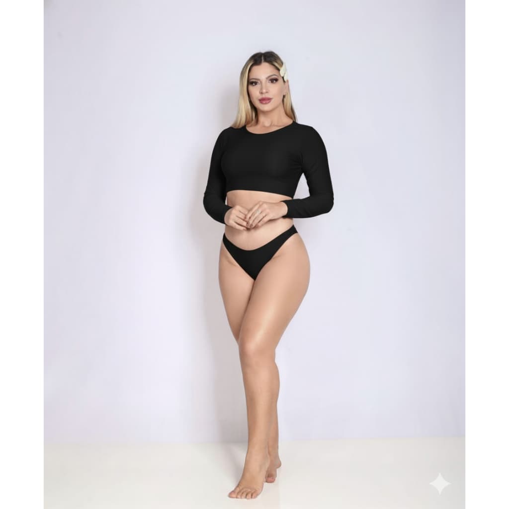 Biquíni Cropped Com Bojo Top Manga Longa  Proteção U.V