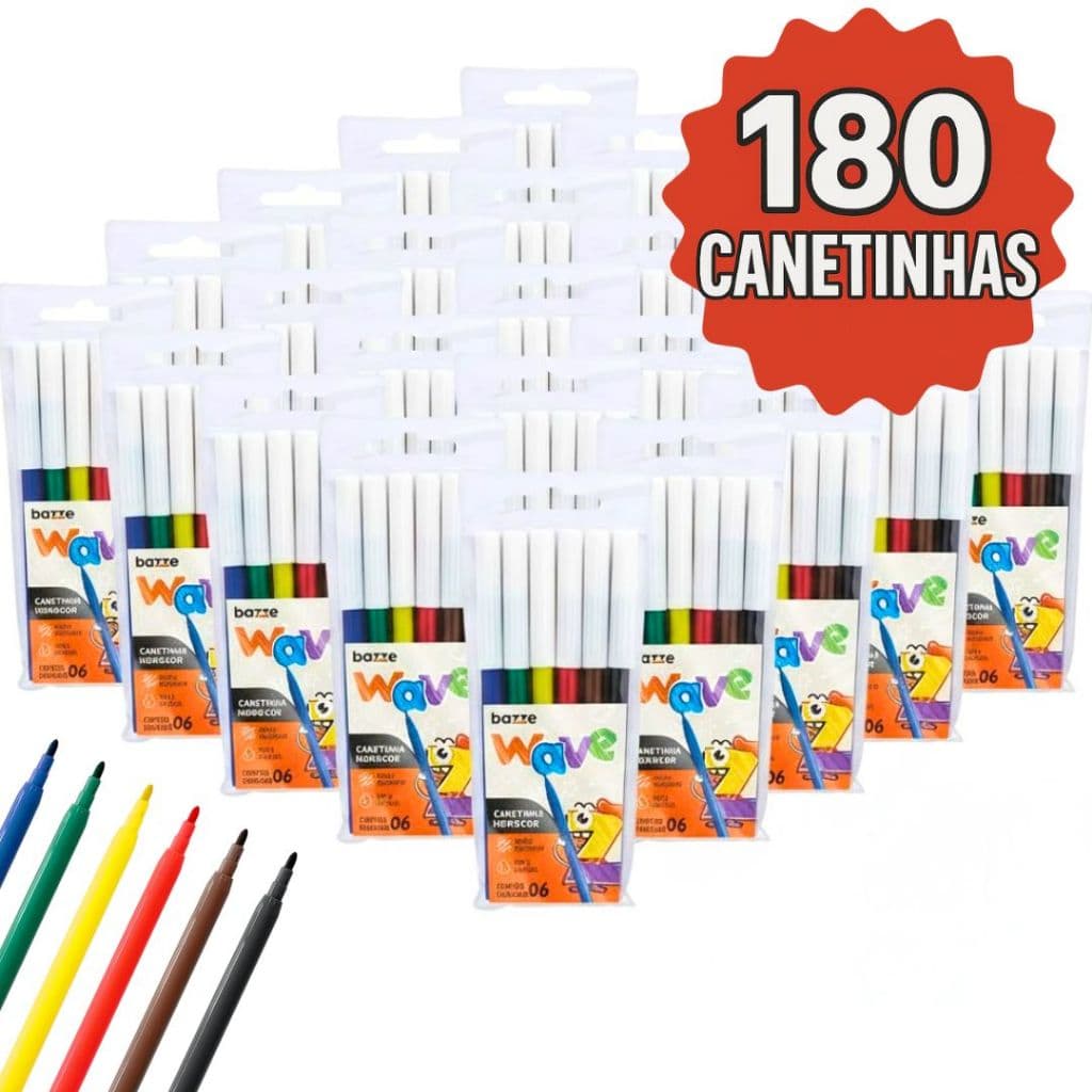 Kit 30 Estojos Canetinha Caneta Hidrográfica 6 Cores Hidrocor Infantil 180 Canetinhas Festa Lembrancinha Escola Atacado