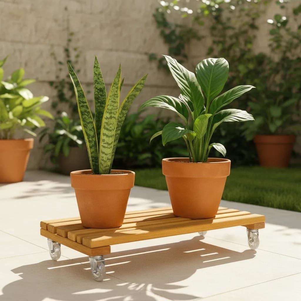 Suporte Para Vaso de Plantas Com Rodinhas De Silicone Em Madeira Garapeira