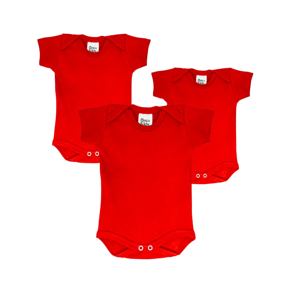 Kit 3 Bodys Manga Curta Vermelho Bebê 100% Algodão