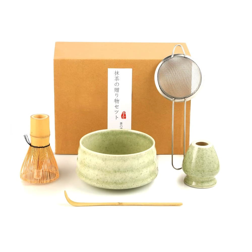 Conjunto de chá Matcha japonês de 5 peças, kit matcha com tigela Matcha batedor Bamboo suporte de batedor, coador