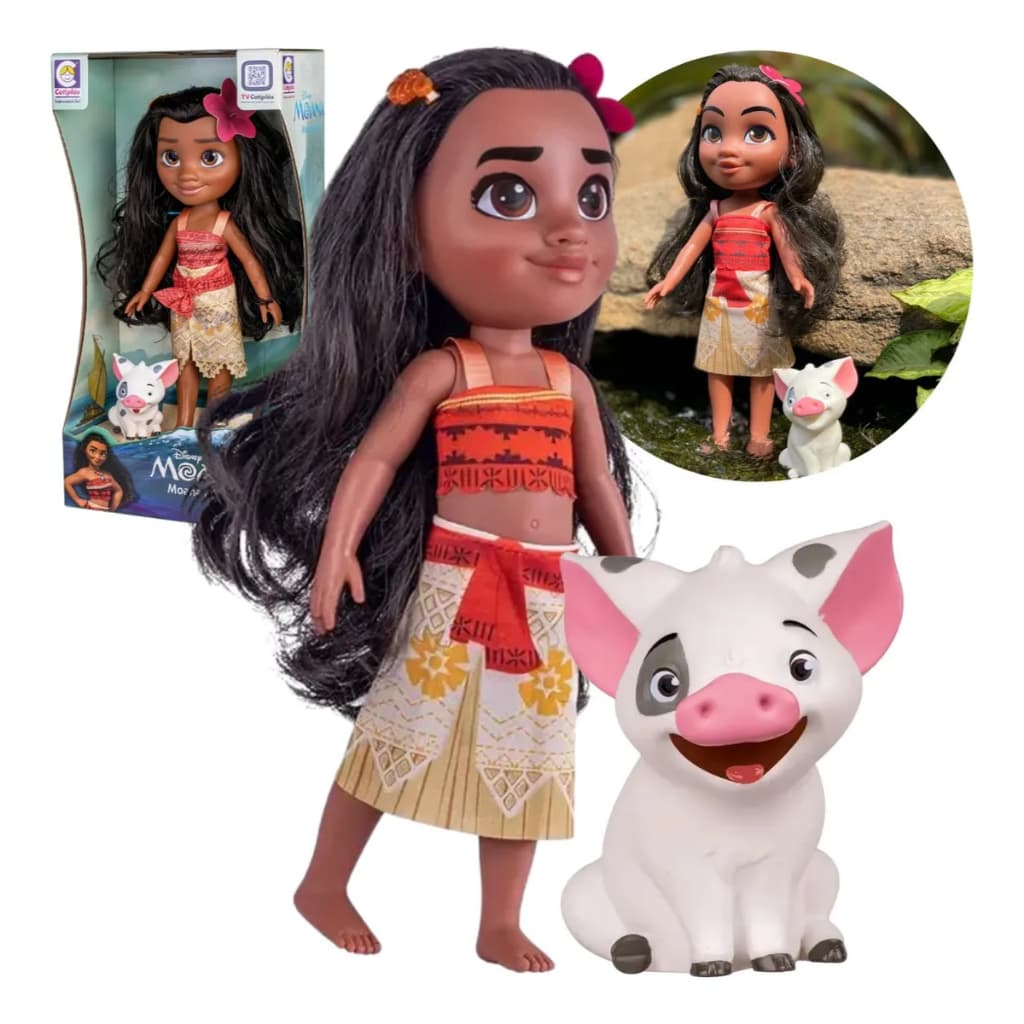 Boneca Moana Princesa Disney e Porquinho Pua Cotiplas