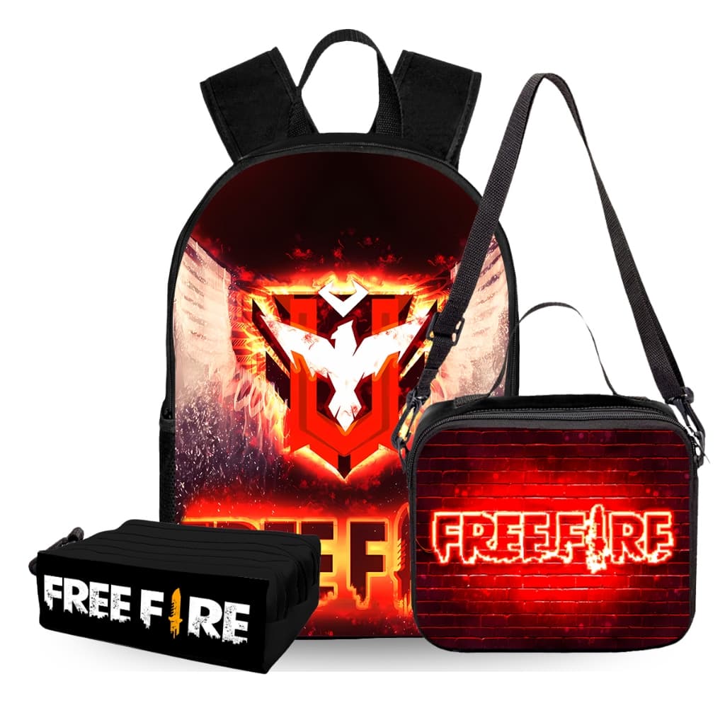 Kit Mochila Infantil Escolar Menino Free Fire Resistente Estojo + Lancheira