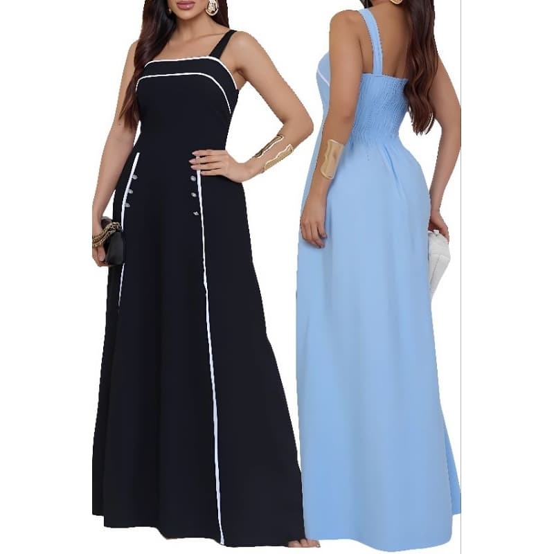 Vestido Feminino Longo Social Decote Quadrado Alça Elegante Festa Casual Sofisticado Confortavel