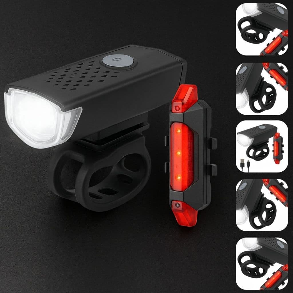 Kit 4 Farol e Sinalizador Traseiro Para Bicicleta LED 300lm Recarregáveis USB Ciclismo