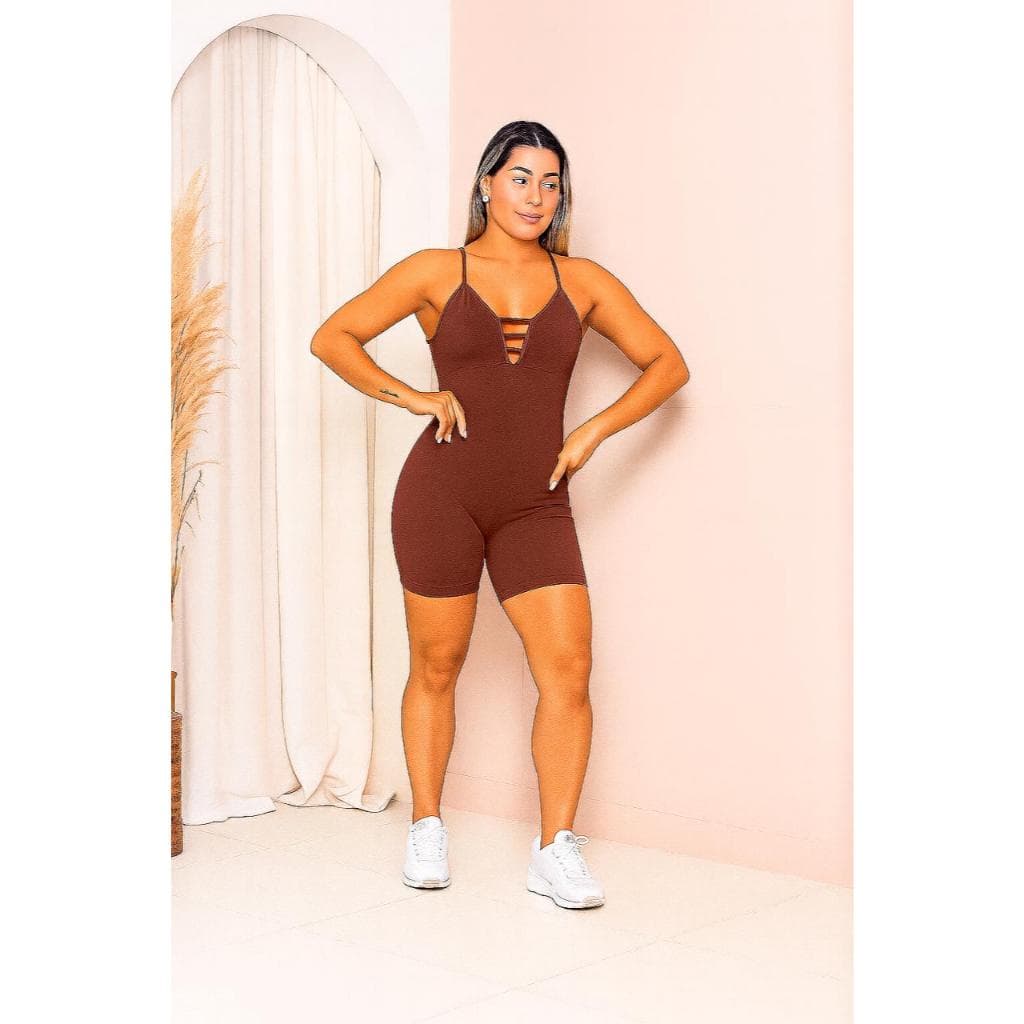 Macacão Fitness Marrom/Preto/Azul marinho  Decote Peito Academia Treino Levanta Bumbum