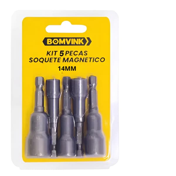 Kit 5 Soquete magnético 14mm x 65mm Para parafusadeira