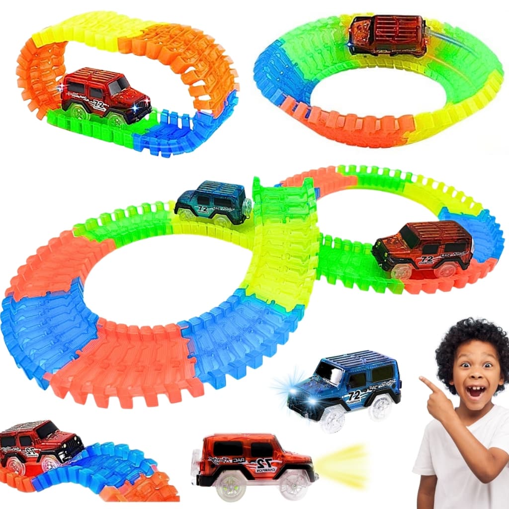Kit 2 Carrinhos + Pista De Carrinhos 1,4 Metros Brinquedo Educativo Pista Maluca Carrinho C/ Luz Led