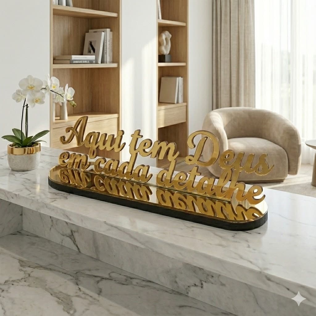 Frase Decorativa Aqui tem Deus em Cada Detalhe para Recepção Mesa de trabalho sala quarto