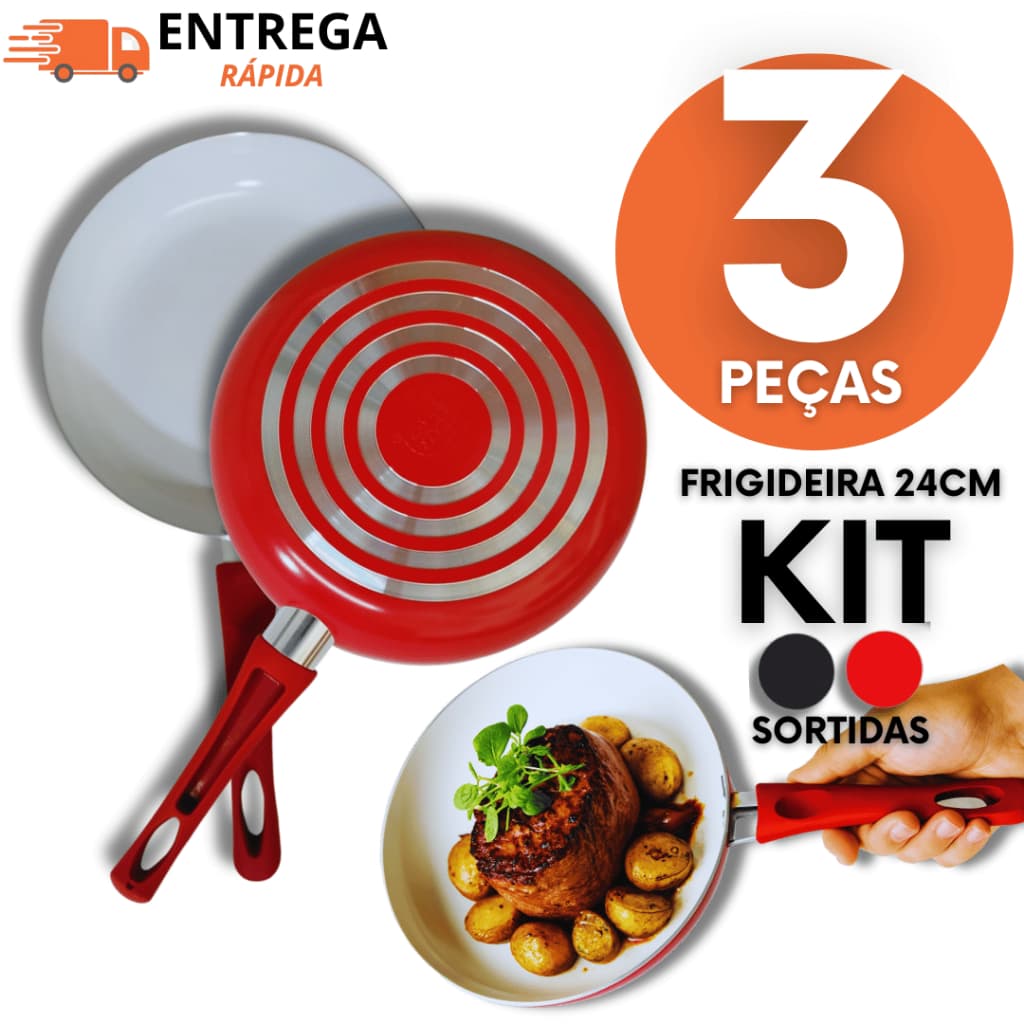 Jogo 03  Frigideiras 24cm Cerâmica Antiaderente com Cabo Silicone  Premium Utilidades Alumínio Desliza com Facilidade