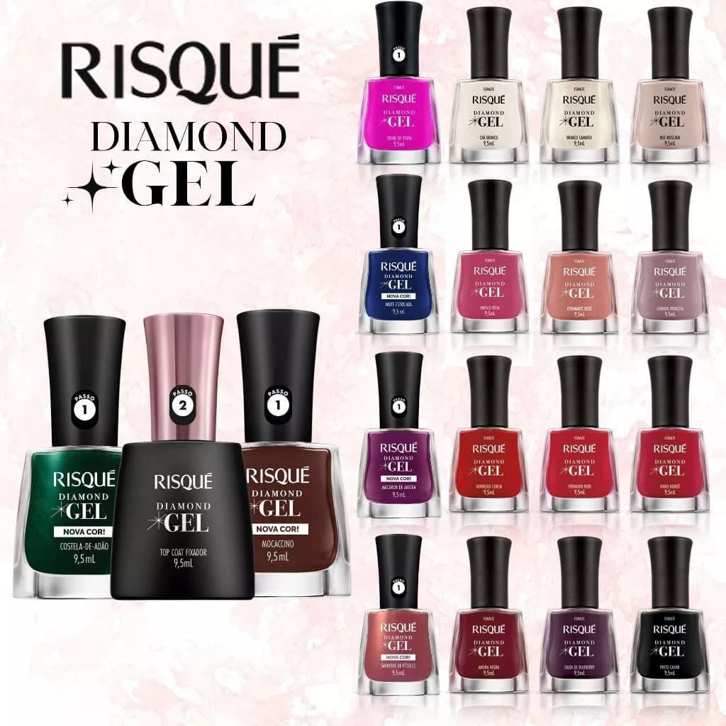 Kit 2 Esmalte Risque Diamond Gel E Top Coat Fixador Kit Manicure Escolha Cor Diamon Gel Risqué