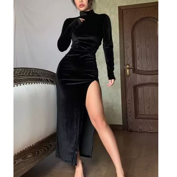 Vestido veludo moda gringa gola alta manga longa vestido com fenda drapeado halloween camurça gótica goth alt estilo