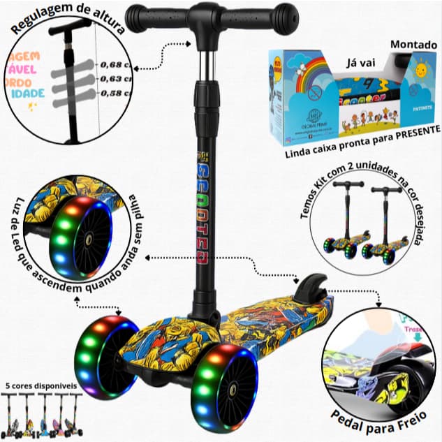 Patinete infantil 3 rodas com led ajustável scooter dobrável menino menina