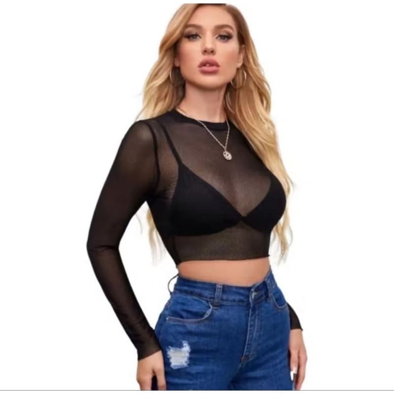 Blusa de Tule Feminina com Gola Alta e Manga Curtas(Manga Longa )- Transparente e Elegante