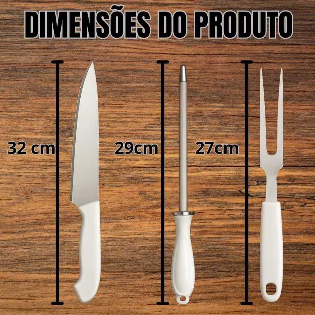 Kit Churrasco Faca Chaira Garfo Inox Cozinha Churrasqueiro Amolador completo 3 Peças
