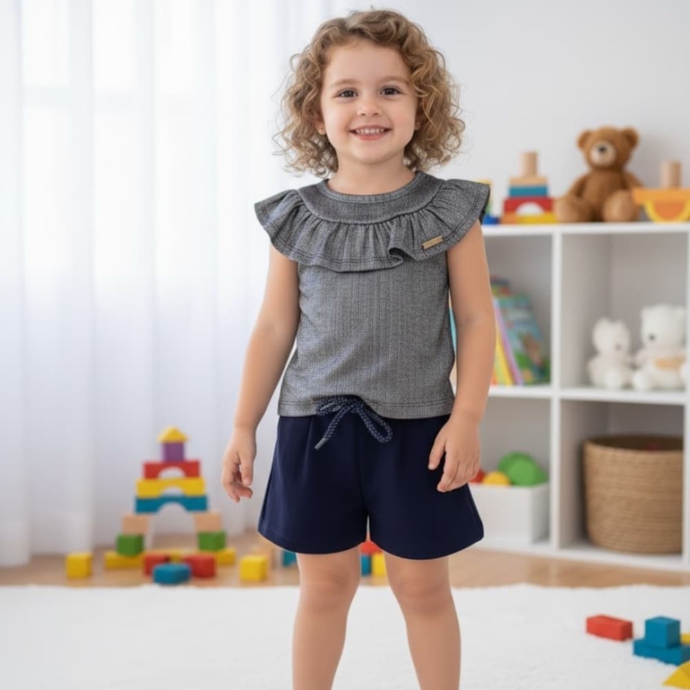 Conjunto Infantil Menina Blusa Malha Requinte  Shorts Moletom Tileesul