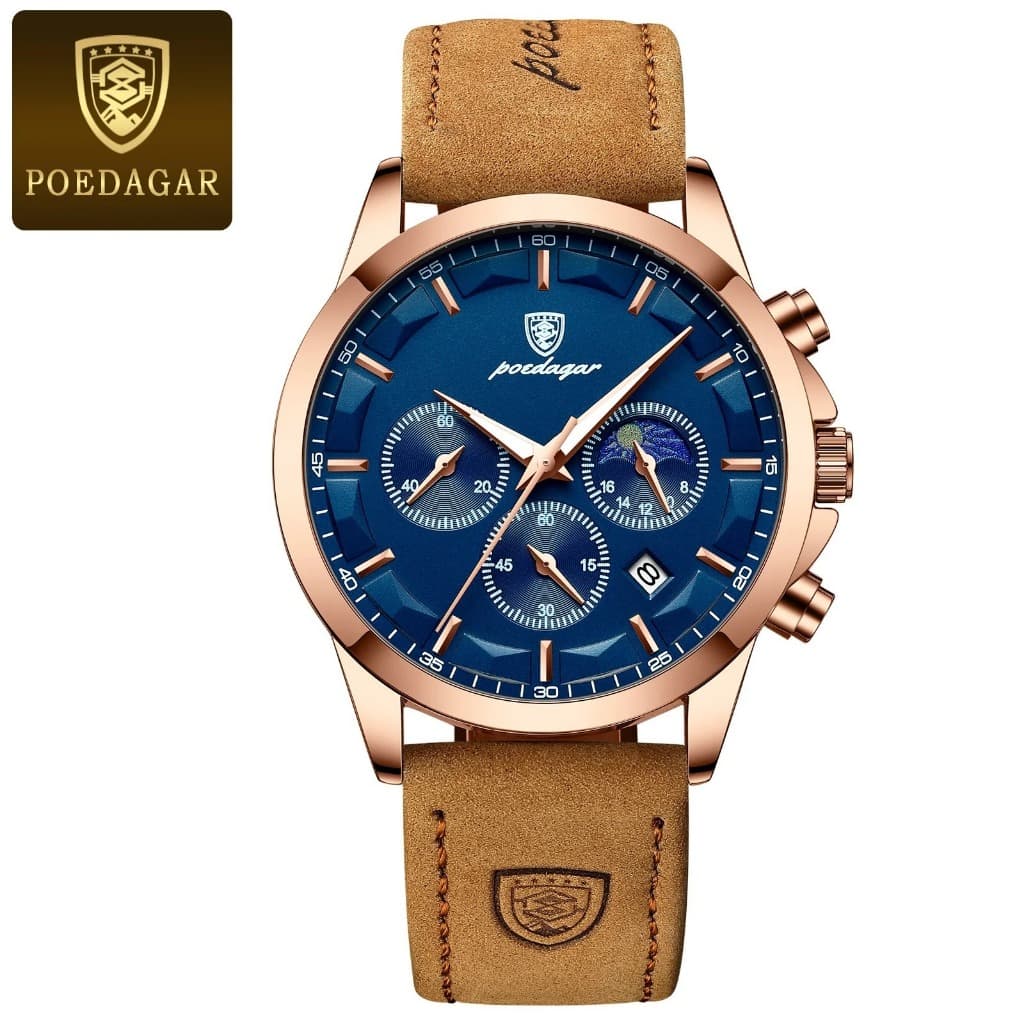 POEDAGAR Relógio masculino de luxo Quartzo, Impermeável à prova D'água cronógrafo luminoso de couro (COM CAIXA)