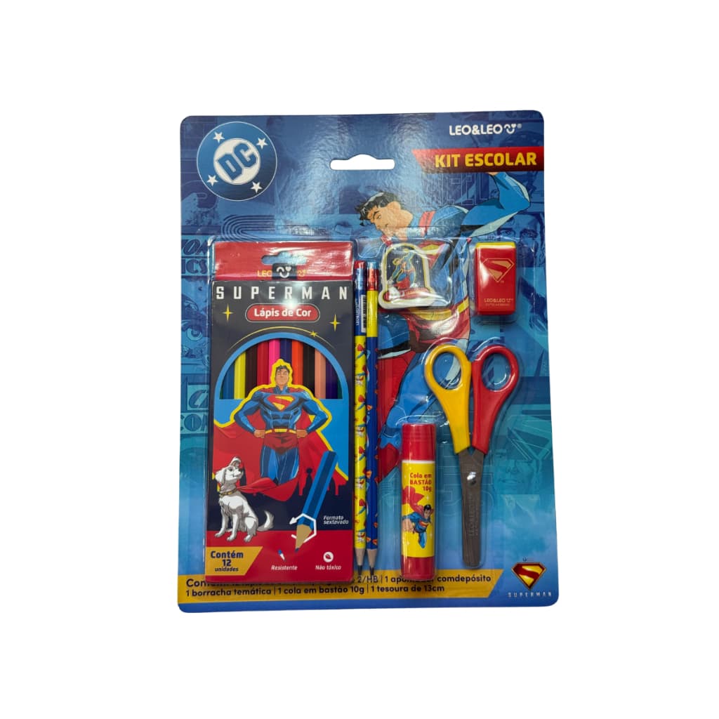Kit Escolar Lapis De Cor 12 Cores Superman + Acessorios